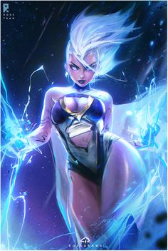 an image of a woman with white hair and blue eyes in a bodysuit, surrounded by ice