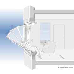 a drawing of a person sitting on a chair in front of a window with an air conditioner