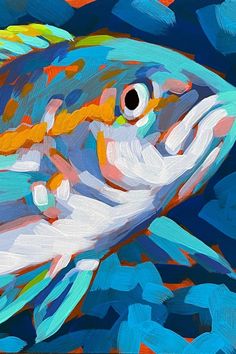 an abstract painting of a fish in blue and orange colors, with white tips on it's head