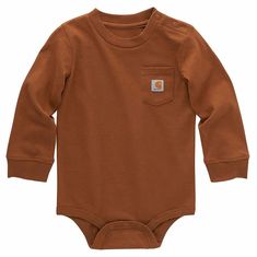 Carhartt is uncomplicated. This kids' bodysuit proves that motto. The patch pocket with a stitched-on logo is all it really needs to get the point across. Soft cotton feels comfortable. And snaps make quick changes fast and easy. End of story. FeaturesMidweight, 100% cotton jerseyRib-knit crewneck and cuffs hold their shape throughout the dayShoulder and crotch snaps for easy on and offLeft-chest pocket with sewn-on Carhartt labelCountry of Origin: Imported | Carhartt Baby's Cotton Kids' Long-Sl Carhartt Kids, Carhartt Long Sleeve, Long Sleeve Onesie, Boys Long Sleeve, Baby & Toddler Clothing, Baby Long Sleeve, Unisex Baby, Long Sleeve Bodysuit, Baby Boy Outfits