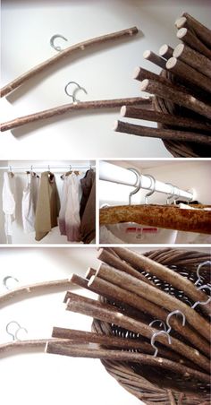 several different pictures of clothes hanging on hooks and wood sticks in various stages of development