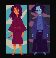 two cartoon characters with different hair styles and colors, one is wearing a kimono