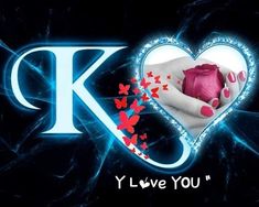 a woman holding a pink rose in her hand with the letter k on it and butterflies flying around