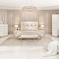 a white bedroom with a chandelier hanging from the ceiling