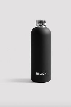 a black bottle with the word bloch on it