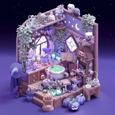 a dollhouse with lots of furniture and decorations on it's walls in the night