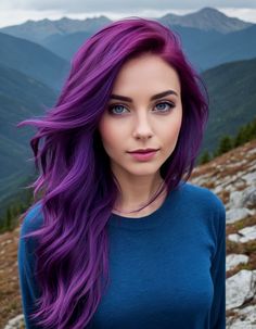 Hair Color Half And Half, Cool Purple Hair, Wavy Purple Hair, Purple Hair Ideas, Bright Purple Hair, Multicolor Hair, Lavender Hair Colors