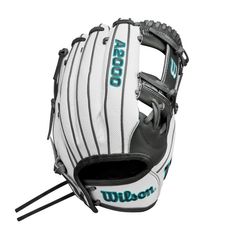 a white and black baseball glove with the words wilson on it's front side