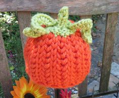 an orange knitted pumpkin hanging from a wooden fence next to a sunflower on the ground