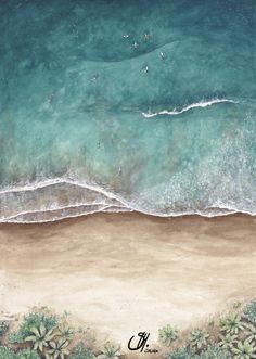 an aerial view of the beach with people swimming in the water and surfers on the ocean