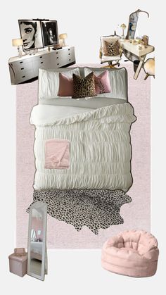 a collage of bedroom furniture and decor items