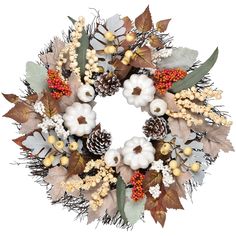 a wreath with leaves, berries and pine cones