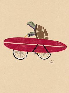 a red surfboard with a turtle riding on it's back in the air