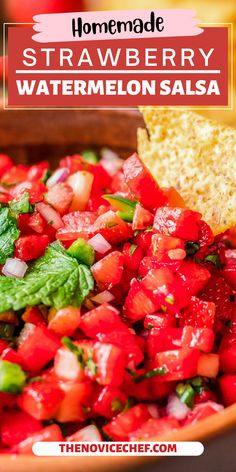 strawberry watermelon salsa in a bowl with a tortilla chip on the side