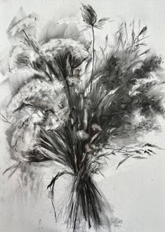 a black and white drawing of flowers in a vase