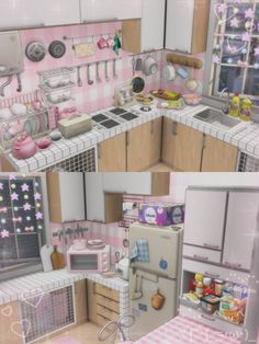 two pictures of a kitchen with pink and white walls