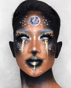 Gold Drag Makeup, Magic Makeup Looks, White Contacts Makeup, Drag King Makeup Ideas, Campy Drag, Celestial Makeup, Drag King Makeup, Makeup Avant Garde, Mouth Painting