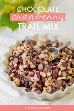 chocolate cranberry trail mix in a bowl with spoon