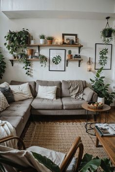 a living room filled with furniture and lots of greenery on the wall above it