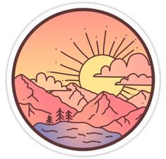 the sun is setting over mountains sticker