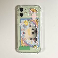 an iphone case with a panda bear on it's back and some stickers