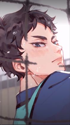 an anime character with black hair and blue eyes looking out from behind a wire fence