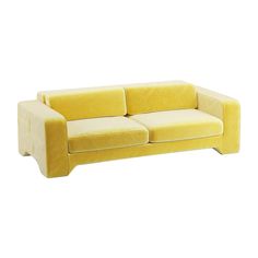 a yellow couch sitting on top of a white floor