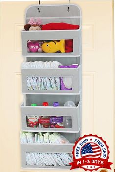 an over the door storage unit holds diapers, toys and other personal care items