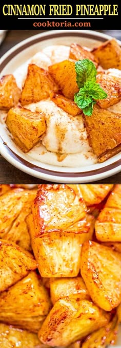 cinnamon fried pineapple is served on a white plate