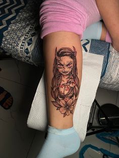 Nezuko Demon Tattoo Design, Women Anime Tattoos, Daki Demon Slayer Tattoo, Nezuko Eyes Tattoo, Anime Tattoo Ideas For Women, Small Nezuko Tattoo, Leg Tattoos Anime, Anime Sleeve Tattoos For Women, Anime Tattoo Women