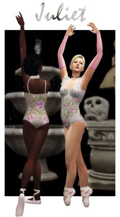 two women in bodysuits standing next to each other with their arms raised up