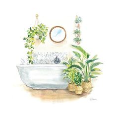 a watercolor painting of a bathtub with plants in it