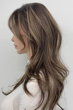 Long Layered Brown Hair With Highlights, Shag Wolf Cut Long, The Hush Cut, Wolf Cut Hair Long Straight, Hush Layered Cut, Wolf Cut Blonde Highlights, Long Hush Haircut, Wolfcut With Highlight, Layered Wolf Cut Medium Hair