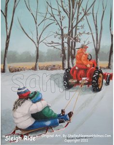 a painting of two people riding on a sled pulled by an orange dog in the snow