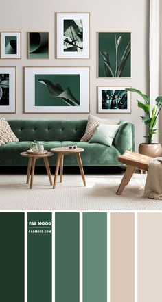 a living room with green furniture and pictures on the wall above it's couch