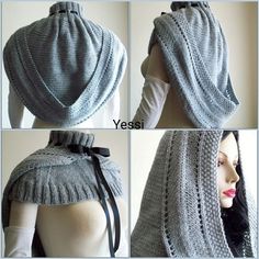 three pictures of a woman's shawl with black ribbon on the front and back