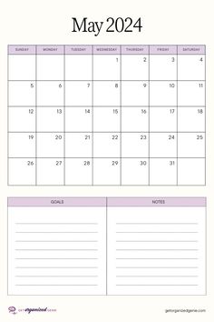 the may calendar is shown in this printable version, with notes for each month