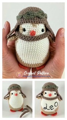 crochet penguin with hat and scarf is shown in three different pictures, including the hand holding it