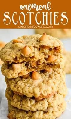 three oatmeal cookies stacked on top of each other with text overlay