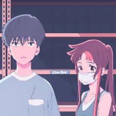 two anime characters are standing in front of shelves with masks on their faces and looking at the camera