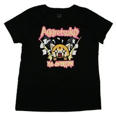 Jam out in this Sanrio Women's Plus-Sized Short-Sleeve T-Shirt! Aggretsuko, also known as Aggressive Retsuko, is an animated comedy where frustrated Retsuko, the red panda, copes with her daily struggles by participating in death metal karaoke after work. This tee features Retsuko and some "rock on" hand symbols, along with text reading "Aggretsuko" and "No Overtime." Made of vibrant pinks, oranges, yellows, and white, this design pops against the black shirt. This shirt was designed with qualit Sanrio Aggretsuko, Rock On Hand, Hand Symbols, Rock On, Red Panda, Plus Size Shorts, Big Men, Mens Graphic Tee, Karaoke