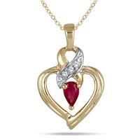 Ruby and Diamond Ribbon Heart Pendant 10k Yellow Gold Ribbon Heart, Diamond Ribbon, Rope Chain, Spring Rings, Pear Shaped, Heart Pendant