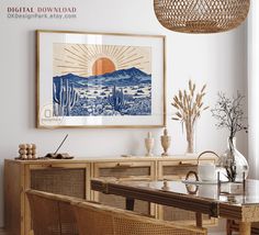 an image of a dining room setting with art on the wall and table in front