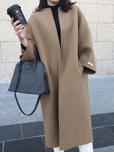 Long Sleeves Loose Solid Color Collarless Woolen Coat COFFEE-One_size Coat Ideas, Woolen Coat Woman, Collarless Coat, Longline Coat, Style Inspiration Winter, Woolen Coat, Work Outfits Women, Understated Elegance, Fabulous Fashion