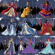 the disney princesses are all dressed up in their gowns