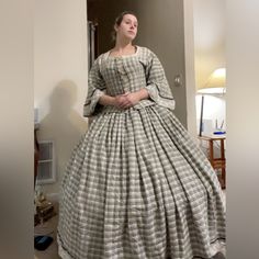 Victorian American Civil War Reenactment Plaid Gray/Green/Cream Dinner Dress Feels Like Wool But Unsure Of Fabric Content Wooden Buttons Lace Trim Fits Like Medium/Large Flat Measurements Bust 18” Waist 16” Skirt Length 43” No Major Signs Of Wear But May Need Further Cleaning From Storage Undergarments (Corset And Hoop Skirt) Not Included Vintage Dresses Victorian, Dresses Victorian, 1860s Fashion, Hoop Skirt, Dinner Dress, Wooden Buttons, Green Cream, Dress Ideas, Gray Green