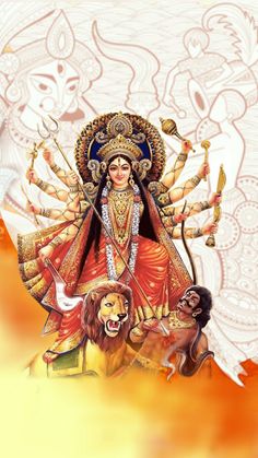 the goddess sitting on top of a lion in front of an ornate background with flowers