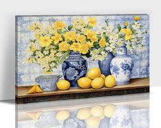 a painting of yellow flowers and blue vases on a shelf next to lemons