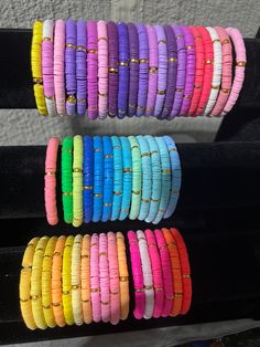 Handmade clay beaded bracelets with six gold spacers each-various colors- elastic band Cute Clay Beads Ideas, Cute Clay Bead Ideas, Bracelet Inspi, Bracelets Clay Beads, Etsy Beaded Bracelets, Polymer Clay Bead Bracelet, Clay Beaded Bracelets, Bracelets Preppy, Sea Beads