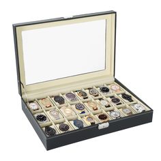 PRICES MAY VARY. 24 Slots Watch Organizer: This is a elegant and beautiful watch organizer, 24 Unisex Watch Display Box. With 24 slot for well recognizing your messy watches, wonderful gift choice and home jewelry decoration. Made of high-grade leather material and with exquisite craftsmanship, durable and stylish,gorgeous and upscale. Transparent Display Window: This gorgeous watch display case with glass lid efficiently keeps all your stuff from dust and scratching. Helps you enjoy the sight o Watches Organizer, Watch Box For Women, Modern Rectangular Watch Case For Formal Occasions, Luxury Black Watch Accessories Box, Leather Watch Box Cases, Classic Rectangular Watch Storage Box, Mens Jewelry Box, Watch Display Case, Watch Organizer